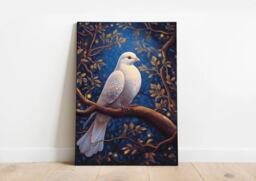 A4 A5 White Dove Art Print - Forest Fantasy Poster Pigeon Bird Woodlands Gold Blue - thumbnail 1