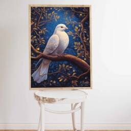 A4 A5 White Dove Art Print - Forest Fantasy Poster Pigeon Bird Woodlands Gold Blue - thumbnail 3