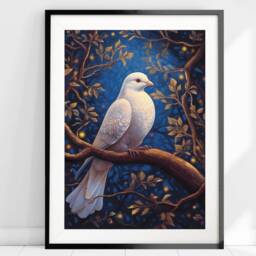 A4 A5 White Dove Art Print - Forest Fantasy Poster Pigeon Bird Woodlands Gold Blue - thumbnail 2