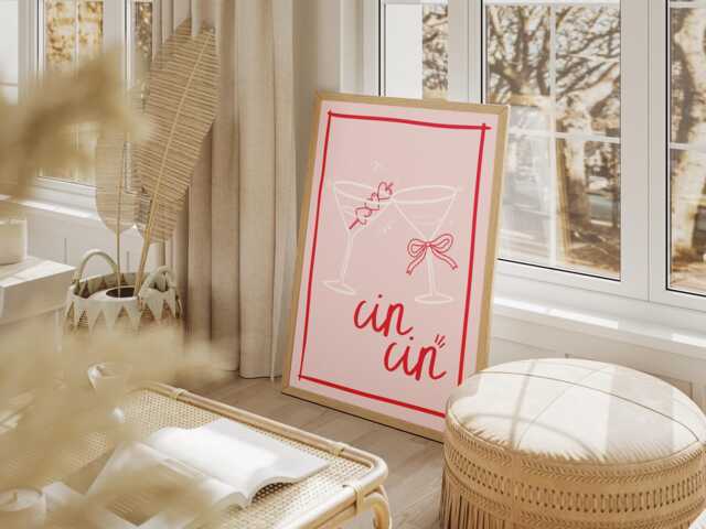 Cin Cheers Print Pink Cocktail Illustration, Bar Cart Art - image 1
