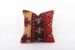 Vintage Turkish Kilim Pillow Cover Handwoven Wool Throw - 16x16 - thumbnail 1
