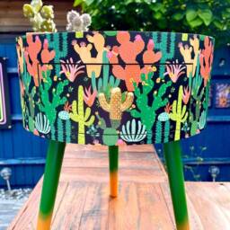 Black Cactus Round Wooden Side Table With Drawer Green Orange Black Bedside Table/ Bed Cabinet , Built In - thumbnail 4