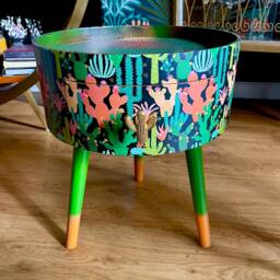 Black Cactus Round Wooden Side Table With Drawer Green Orange Black Bedside Table/ Bed Cabinet , Built In - thumbnail 2
