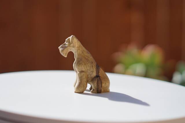 Schnauzer Figurine Or Sculpture. Made Of Solid Limba & Different Hardwoods. Gray in Color. Sitting Pose - image 1