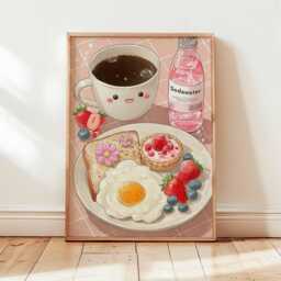 Kawaii Breakfast Poster, Cute Pastel Kitchen Wall Art, Happy Coffee Print With Toast & Fruit, Japanese Anime Food Decor, Kawaii Home Art - thumbnail 3