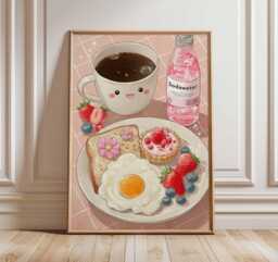Kawaii Breakfast Poster, Cute Pastel Kitchen Wall Art, Happy Coffee Print With Toast & Fruit, Japanese Anime Food Decor, Kawaii Home Art - thumbnail 1