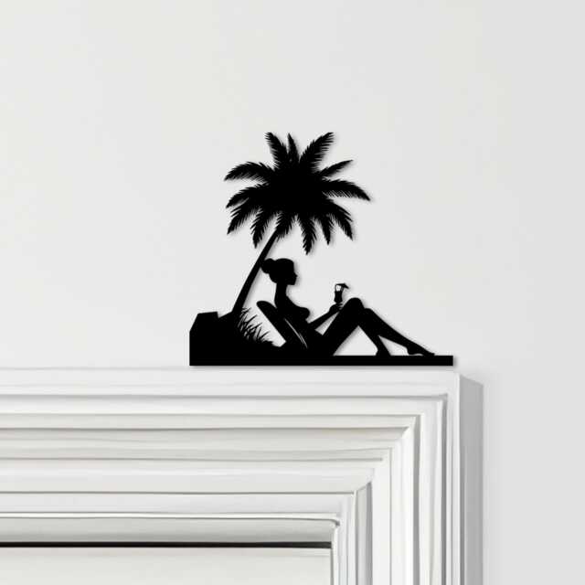 Door Topper Woman Relaxing Palm Tree Beach Cocktail Various Colours Decor Sign - Novelty Wall Decor, Frame Art, Decorative Art - image 1