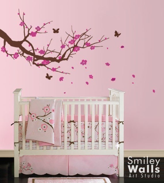Cherry Blossom Branch Wall Decal, Tree With Butterflies Decal Nursery Vinyl Sticker Decor Flower - image 1
