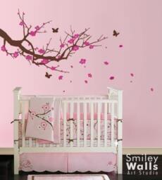 Cherry Blossom Branch Wall Decal, Tree With Butterflies Decal Nursery Vinyl Sticker Decor Flower - thumbnail 1