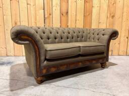 2 Seater Sage Green Tweed Fabric Chesterfield Sofa, Antique Tan Leather Details, British Handmade