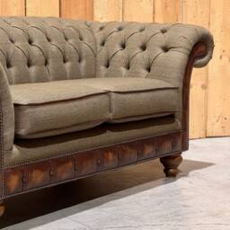 2 Seater Sage Green Tweed Fabric Chesterfield Sofa, Antique Tan Leather Details, British Handmade - thumbnail 3