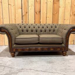 2 Seater Sage Green Tweed Fabric Chesterfield Sofa, Antique Tan Leather Details, British Handmade - thumbnail 2