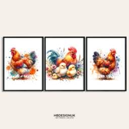 Chicken Poster Print - Set Of 3 Pictures - Watercolour Prints Paintings Watercolor Present Gifts Artwork Decor Bird Wall Art - thumbnail 1