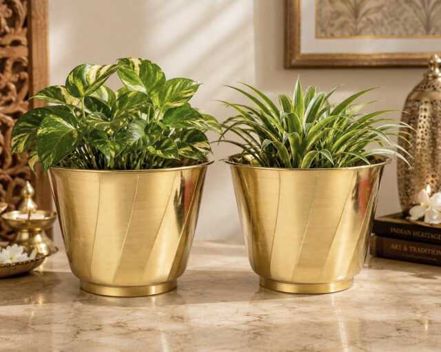 Brass Planter Set Of 2 - Golden Metal Containers With Swirl Pattern Decorative Flower Pots For Home, Balcony & Office D??cor - image 1