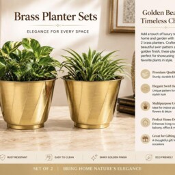 Brass Planter Set Of 2 - Golden Metal Containers With Swirl Pattern Decorative Flower Pots For Home, Balcony & Office D??cor - thumbnail 4