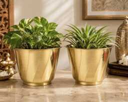 Brass Planter Set Of 2 - Golden Metal Containers With Swirl Pattern Decorative Flower Pots For Home, Balcony & Office D??cor