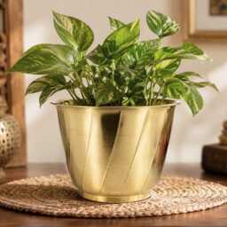 Brass Planter Set Of 2 - Golden Metal Containers With Swirl Pattern Decorative Flower Pots For Home, Balcony & Office D??cor - thumbnail 2
