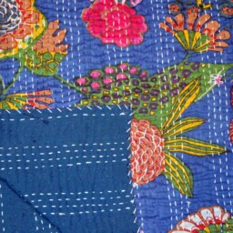 Fruit Printed Kantha Quilt Handmade Indian Hand Stitched Throw Floral Cotton Boho Blanket Bohemian Fabulous Bedding Bed Cover - thumbnail 2