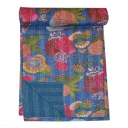 Fruit Printed Kantha Quilt Handmade Indian Hand Stitched Throw Floral Cotton Boho Blanket Bohemian Fabulous Bedding Bed Cover - thumbnail 3
