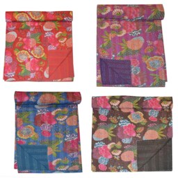 Fruit Printed Kantha Quilt Handmade Indian Hand Stitched Throw Floral Cotton Boho Blanket Bohemian Fabulous Bedding Bed Cover