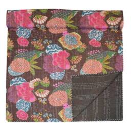 Fruit Printed Kantha Quilt Handmade Indian Hand Stitched Throw Floral Cotton Boho Blanket Bohemian Fabulous Bedding Bed Cover - thumbnail 4
