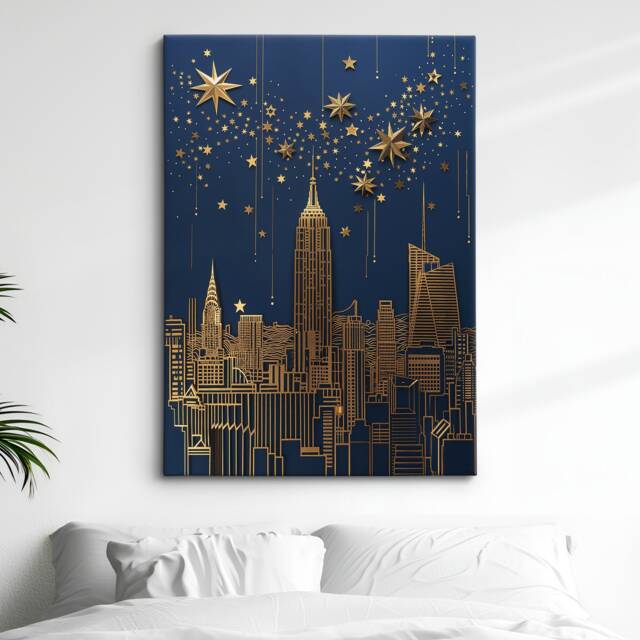 Golden New York Skyline Canvas Art - Elegant Framed Wall Decor, Modern Nyc Nightscape, Luxury Artwork, Perfect Gift For Home Or Office Print - image 1