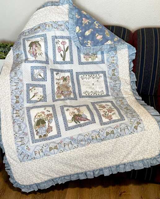 Bunny Baby Crib Quilt Blanket, Tenderberry Dragonfly, Flowers, Ruffled Border, Blue Bunny Flannel On Back, Assembled Ready To Tie Or Quilt - image 1
