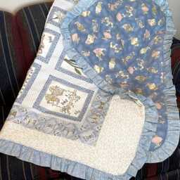 Bunny Baby Crib Quilt Blanket, Tenderberry Dragonfly, Flowers, Ruffled Border, Blue Bunny Flannel On Back, Assembled Ready To Tie Or Quilt - thumbnail 2
