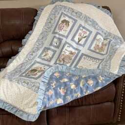 Bunny Baby Crib Quilt Blanket, Tenderberry Dragonfly, Flowers, Ruffled Border, Blue Bunny Flannel On Back, Assembled Ready To Tie Or Quilt - thumbnail 3