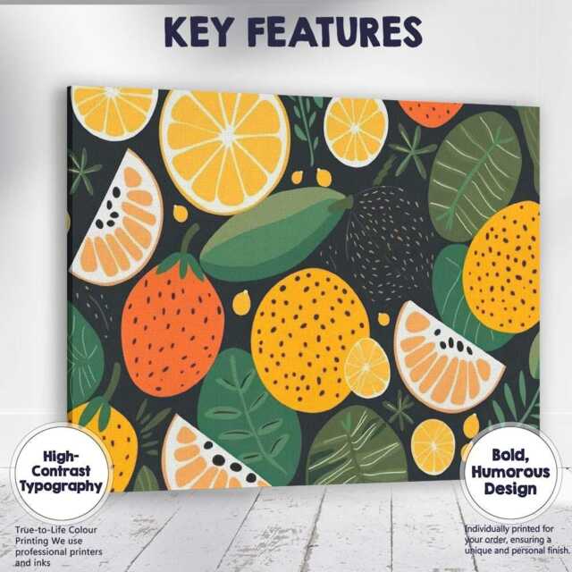 Modern Tropical Citrus Fruit & Botanical Repeat Pattern Canvas Wall Art Print Decor Picture Ready To Hang - image 1