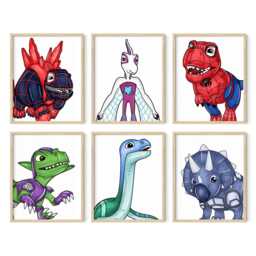 Dinosaur Web Heroes Wall Art Set Of 6 - Kids Bedroom Printed Or Framed - thumbnail 1