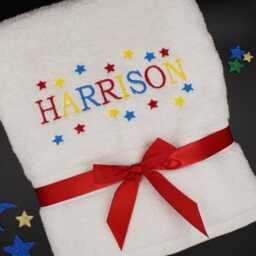Personalised Stars Towel Embroidered Name White, Blue Or Grey Bath Towels Gift For Kids - thumbnail 2