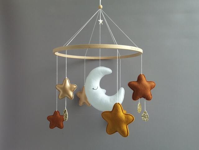 Moon & Stars Baby Mobile Musical Crib Earth Tone Baby Boy Girl Room Rustic Gender Neutral Color Nursery Decor Shower Gift - image 1