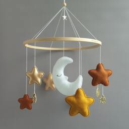 Moon & Stars Baby Mobile Musical Crib Earth Tone Baby Boy Girl Room Rustic Gender Neutral Color Nursery Decor Shower Gift - thumbnail 2