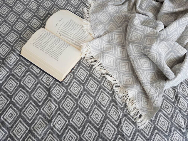 Bohemian Couch Throw - Fringed Beach Blanket Pure Cotton Towel Travelling & Camping Diamond Ornaments Charcoal Gray - image 1