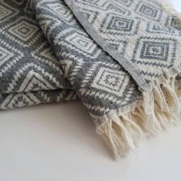 Bohemian Couch Throw - Fringed Beach Blanket Pure Cotton Towel Travelling & Camping Diamond Ornaments Charcoal Gray - thumbnail 2