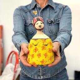 Handmade Yellow Ceramic Art Doll Funky Home Decor Gift - thumbnail 1