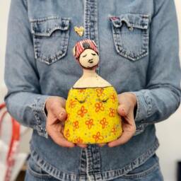 Handmade Yellow Ceramic Art Doll Funky Home Decor Gift - thumbnail 2