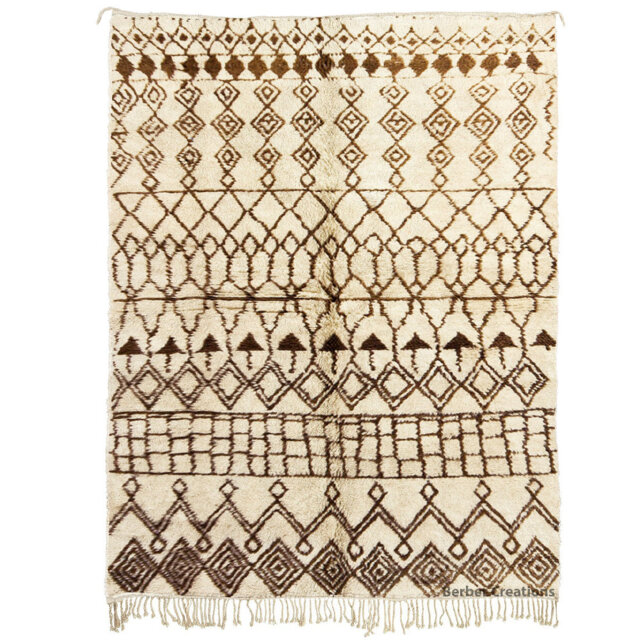 Cream Beni Rug With Brown Tribal Design - Handwoven Berber Wool Ourain Area - image 1