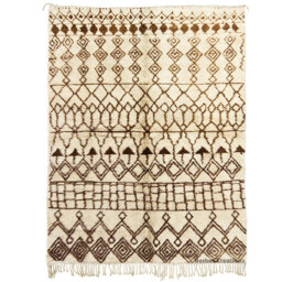 Cream Beni Rug With Brown Tribal Design - Handwoven Berber Wool Ourain Area - thumbnail 1