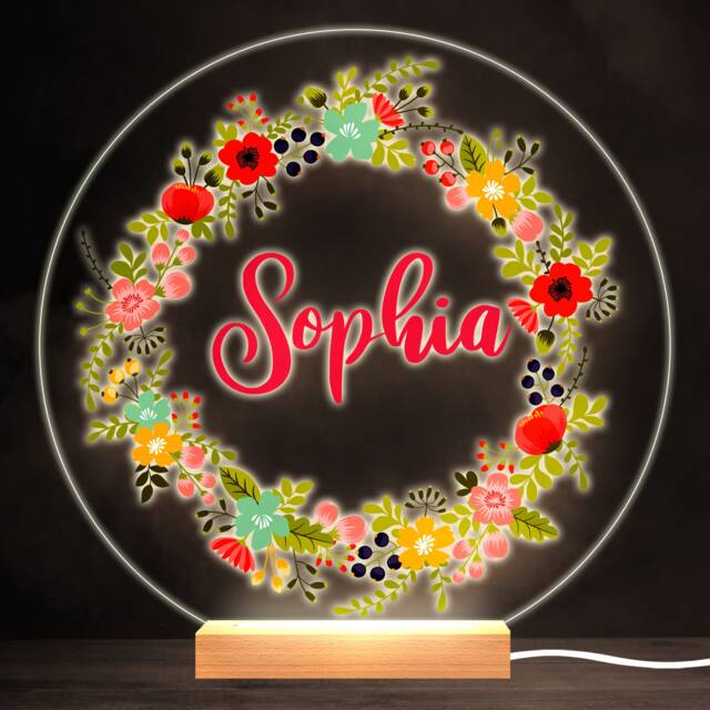 Floral Wreath Colourful Round Personalised Gift Warm White Led Lamp Night Light - Bedroom - image 1