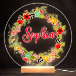 Floral Wreath Colourful Round Personalised Gift Warm White Led Lamp Night Light - Bedroom - thumbnail 1