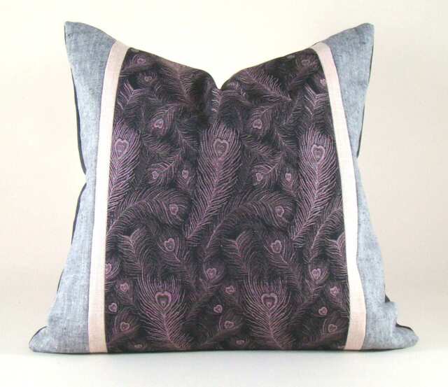 Peacock Feather Pillow Cover Vintage Silk Kimono, Purple & Gray - image 1