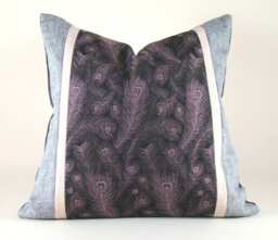 Peacock Feather Pillow Cover Vintage Silk Kimono, Purple & Gray - thumbnail 1