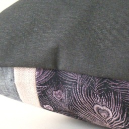 Peacock Feather Pillow Cover Vintage Silk Kimono, Purple & Gray - thumbnail 3