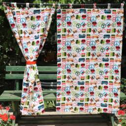 Retro Van Curtains Set Of 2, Rv Window Treatment, Colorful Peace Sign & Bus Print, Hippie Camper Decor, 70S Style Valance, Custom Size