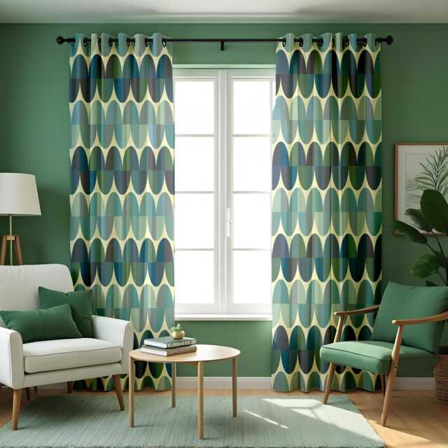 Green Retro Oval Pattern Curtains, Mid Century Modern Geometric Drapes, Teal & Olive Abstract Design Window Panels - image 1