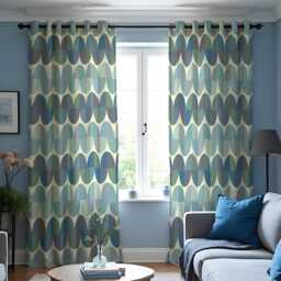 Green Retro Oval Pattern Curtains, Mid Century Modern Geometric Drapes, Teal & Olive Abstract Design Window Panels - thumbnail 3