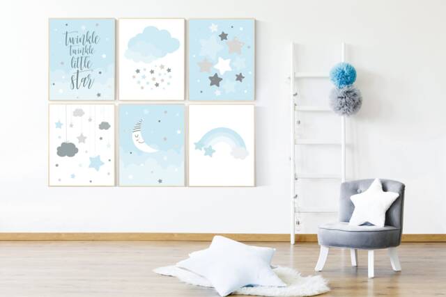 Blue Gray Nursery Prints Moon, Stars, Cloud Wall Art - image 1