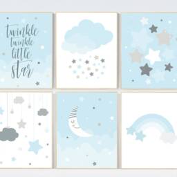 Blue Gray Nursery Prints Moon, Stars, Cloud Wall Art - thumbnail 2